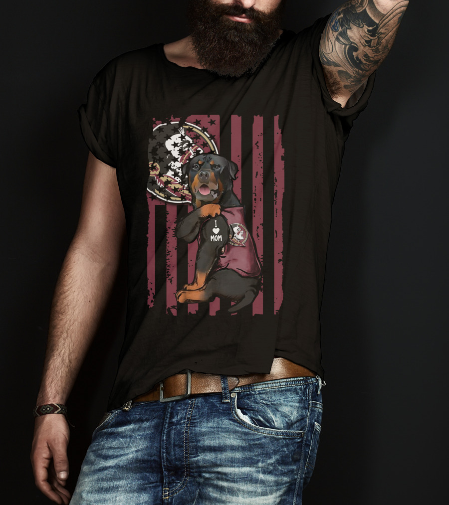 Rottweiler I Heart Mom Florida State Seminoles Dog With Logo And Flag Background T-Shirt