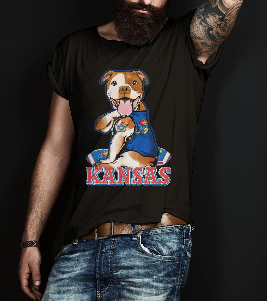 Kansas Pitbull Mascot With Jayhawks Football T-Shirt