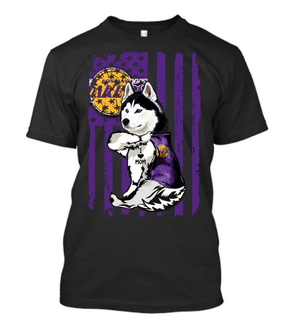 Siberian Husky Mom Los Angeles Lakers Fan With Purple American Flag Background T-Shirt