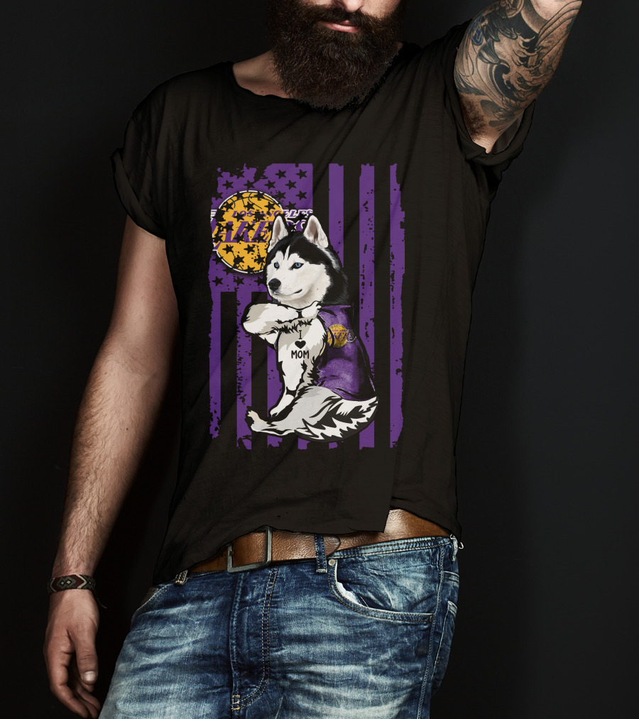 Siberian Husky Mom Los Angeles Lakers Fan With Purple American Flag Background T-Shirt