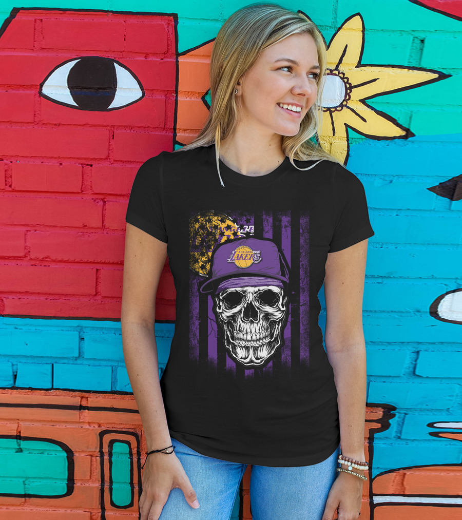 Los Angeles Lakers Skull Cap Bold Gothic T-Shirt