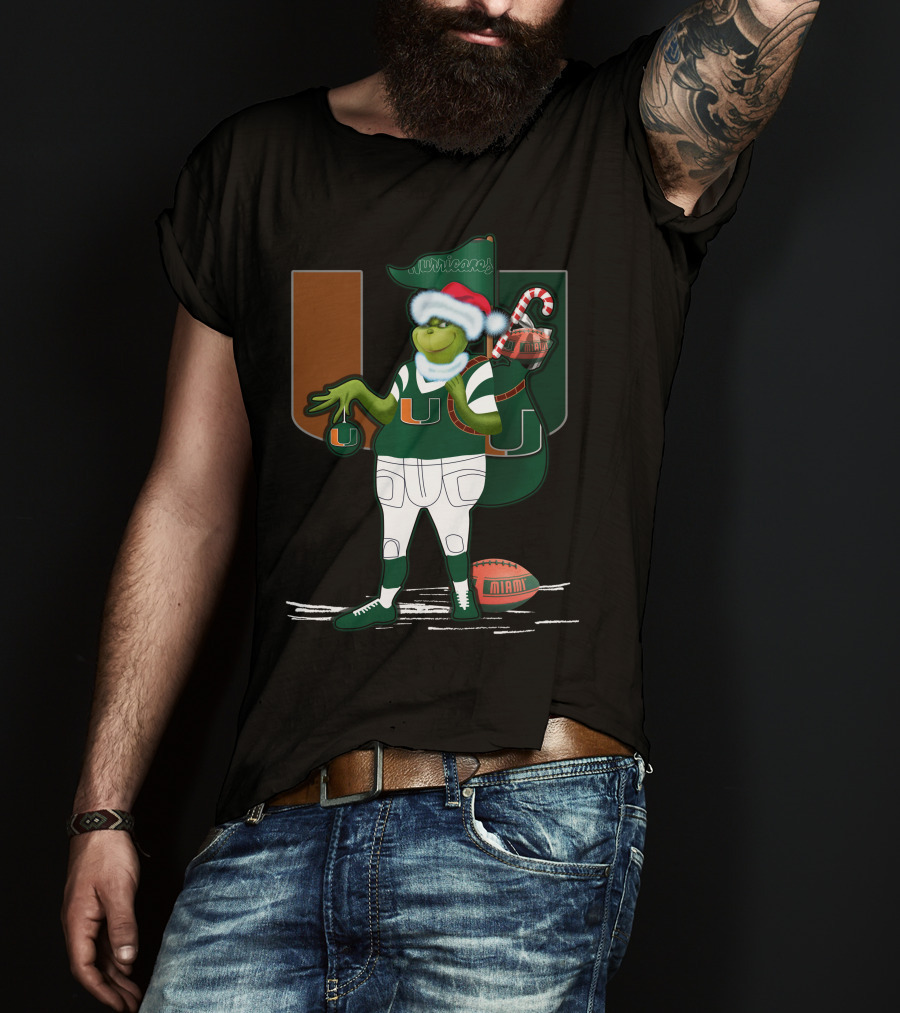 Grinchxmas Miami Hurricanes Festive Football Santa Grinch With Logo And Candy Cane Sack T-Shirt