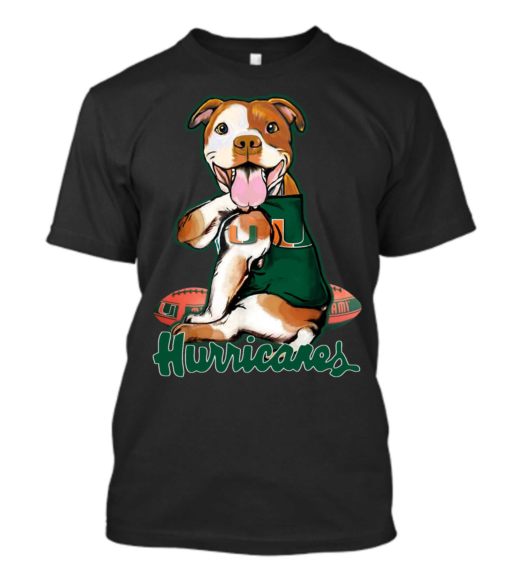 Pittbull Wearing Miami Hurricanes U Jersey With Football T-Shirt