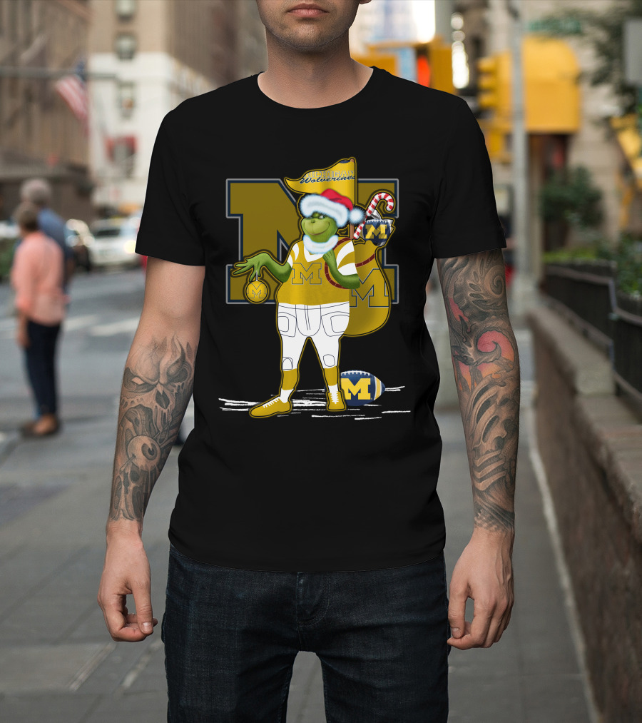 Grinchxmas Michigan Wolverines Santa Hat Football Candy Cane T-Shirt