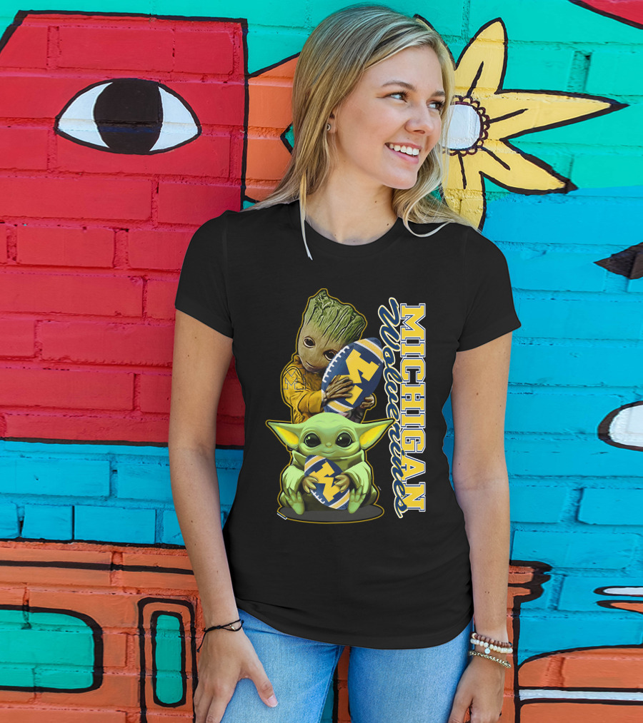 Michigan Wolverines Grogu And Groot Football T-Shirt