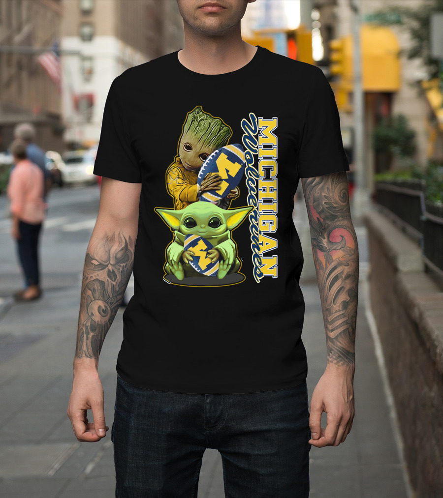 Michigan Wolverines Grogu and Groot Football T-Shirt