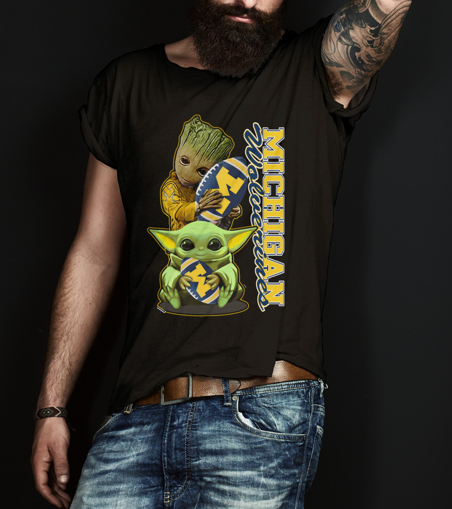 Michigan Wolverines Grogu And Groot Football T-Shirt