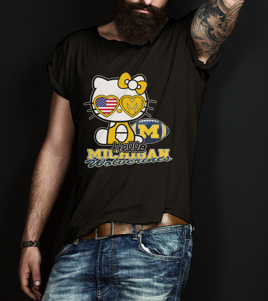 Hello Kitty Michigan Wolverines American Flag Football T-Shirt