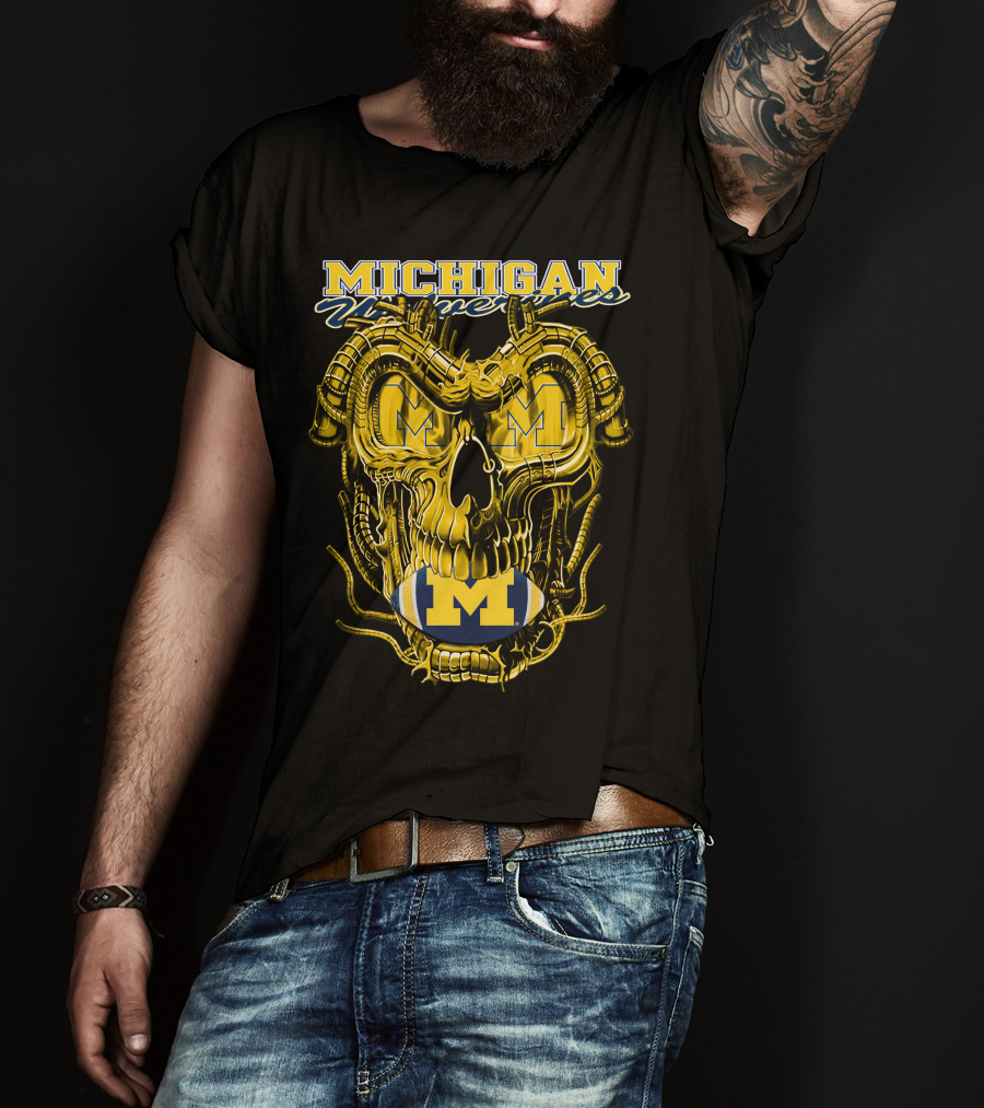 Dragonskull Michigan Wolverines M Football Skull T-Shirt