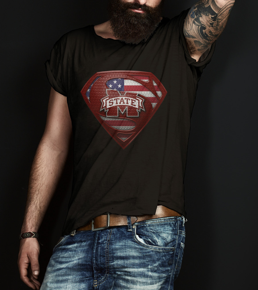 Mississippi State Bulldogs State M Superhero Usa Flag Shield T-Shirt