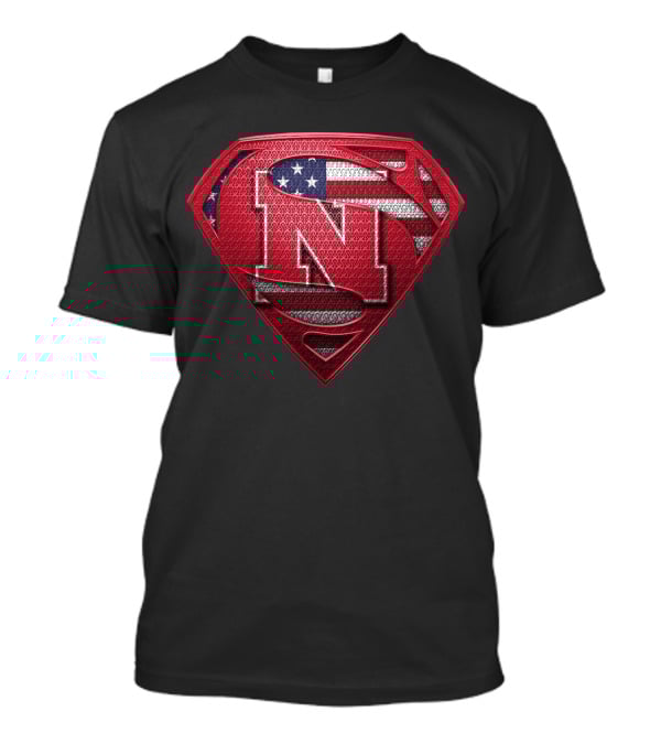 Superman Logo Style Nebraska Cornhuskers With American Flag Theme T-Shirt