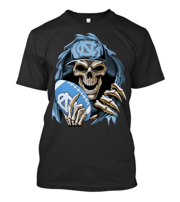 Skullbong North Carolina Tar Heels Skeleton Football Fan With Cap And Ball T-Shirt