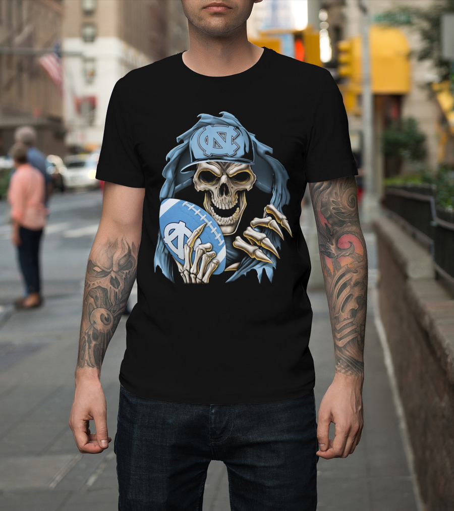 Skullbong North Carolina Tar Heels Skeleton Football Fan with Cap and Ball T-Shirt