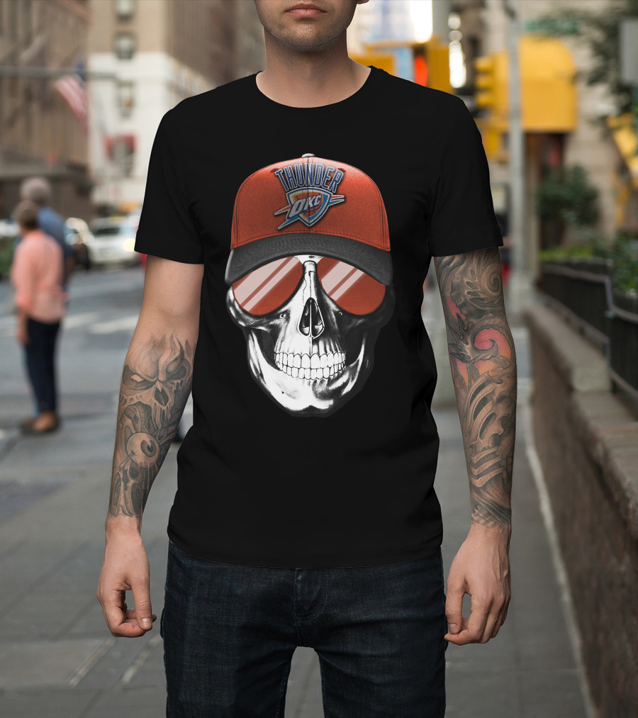 Skull With Oklahoma City Thunder Cap And Sunglasses T-Shirt