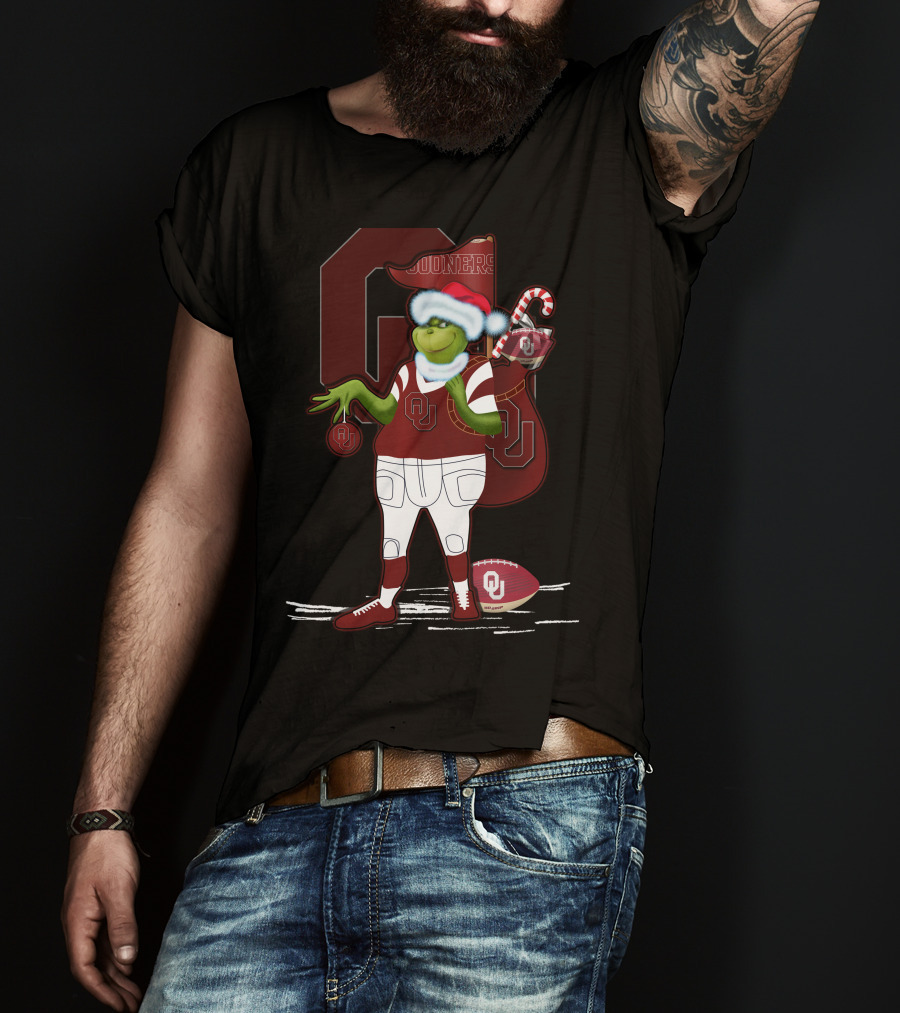 Grinchxmas Oklahoma Sooners Santa Football Sack T-Shirt