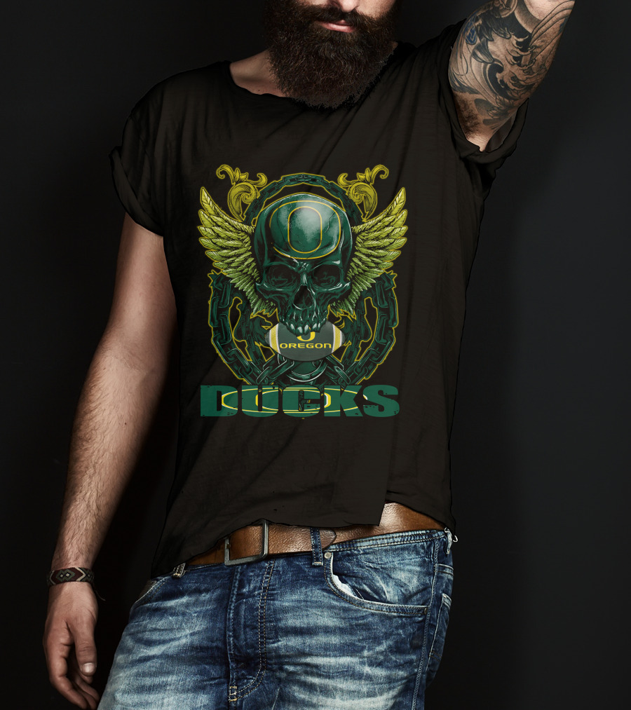 SkullFB Oregon Ducks Football Skull Design With Wings And Chains T-Shirt