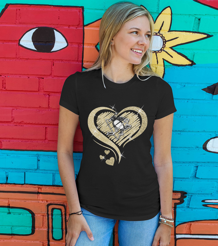 Heart Diamond Pittsburgh Penguins Logo Gold Sparkle T-Shirt