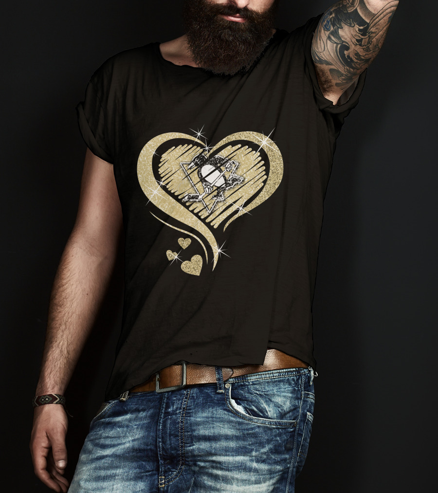 Heart Diamond Pittsburgh Penguins Logo Gold Sparkle T-Shirt