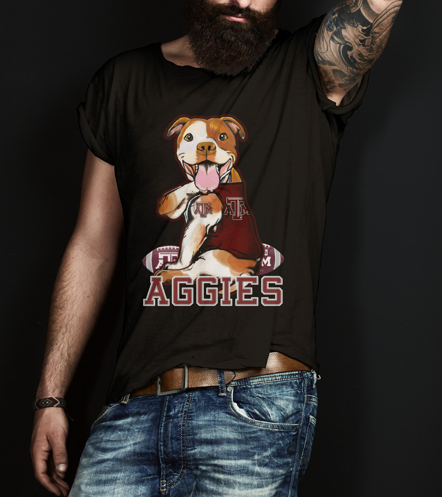 Pitbull Wearing Texas A&M Aggies Logo With Football T-Shirt