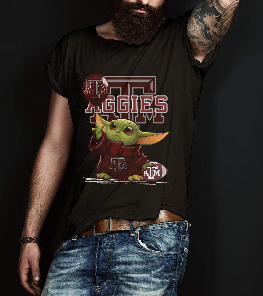 Yoda Holding Texas A&M Aggies Logo Balloon With Aggies Football T-Shirt