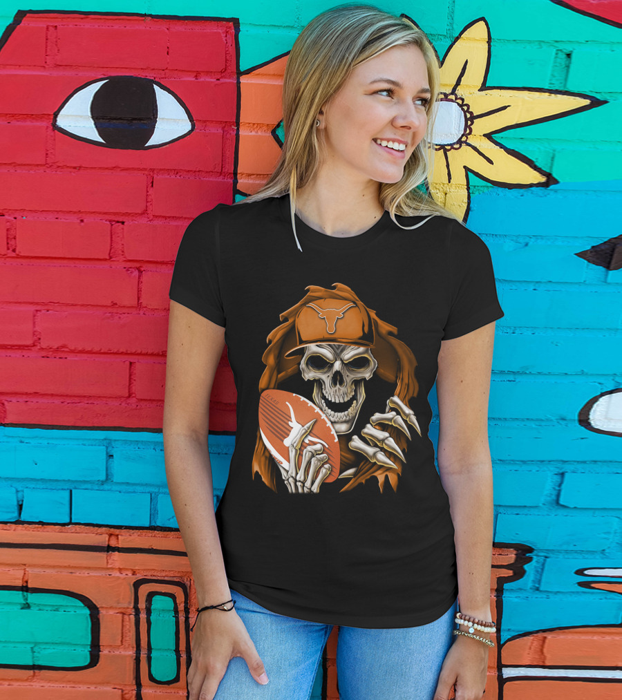 Texas Longhorns Skull With Football And Cap T-Shirt
