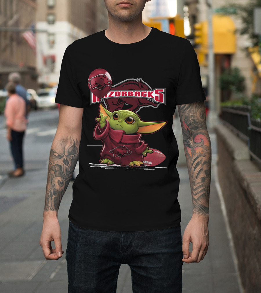 Razorbacks Yoda Holding Balloon and Football with Arkansas T-Shirt