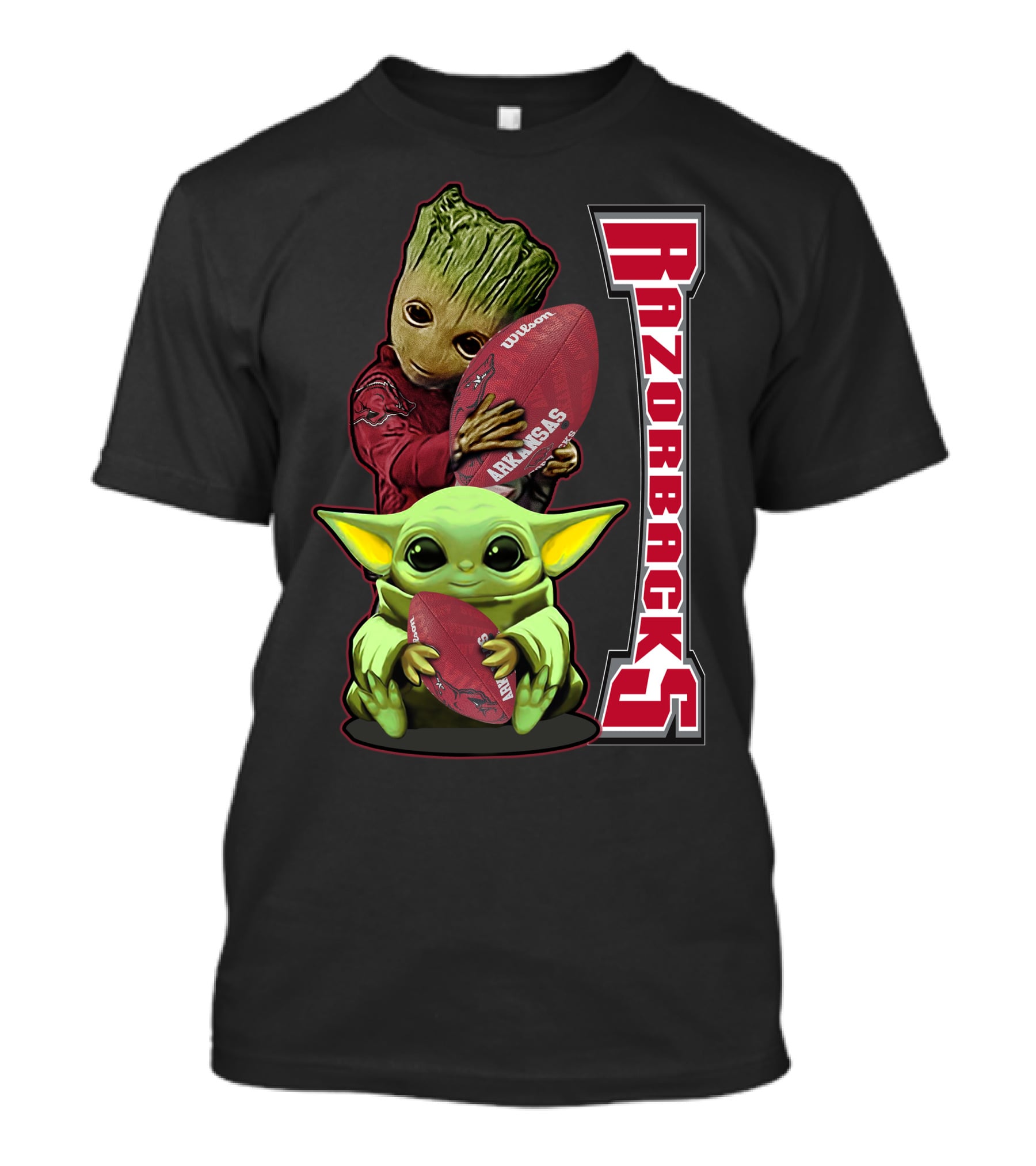 Grzd Arkansas Razorbacks Groot And Baby Yoda Football Fans T-Shirt