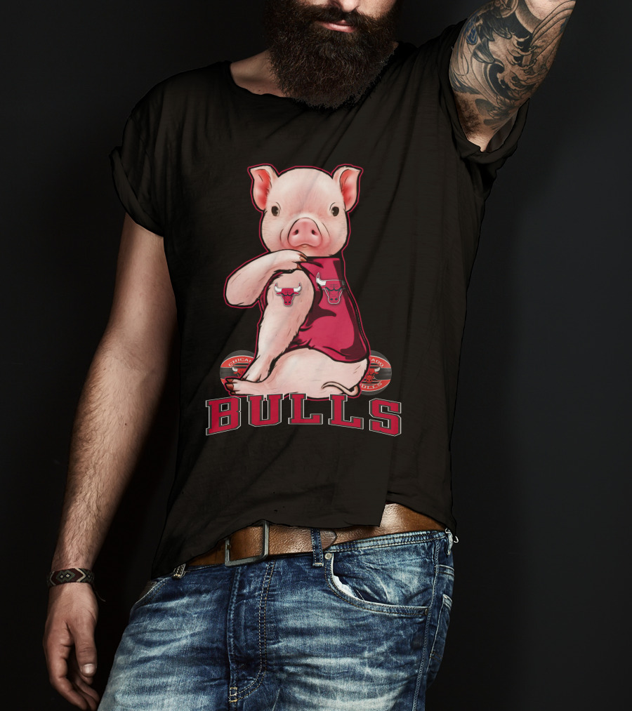 Pig With Chicago Bulls Logo On Jersey And Bulls Emblem T-Shirt
