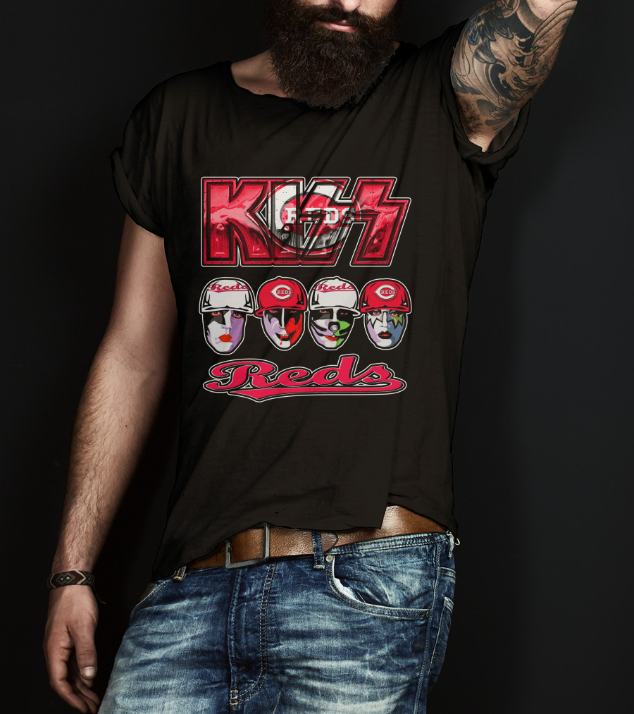 Kiss Reds Cincinnati Faces With Baseball Caps T-Shirt