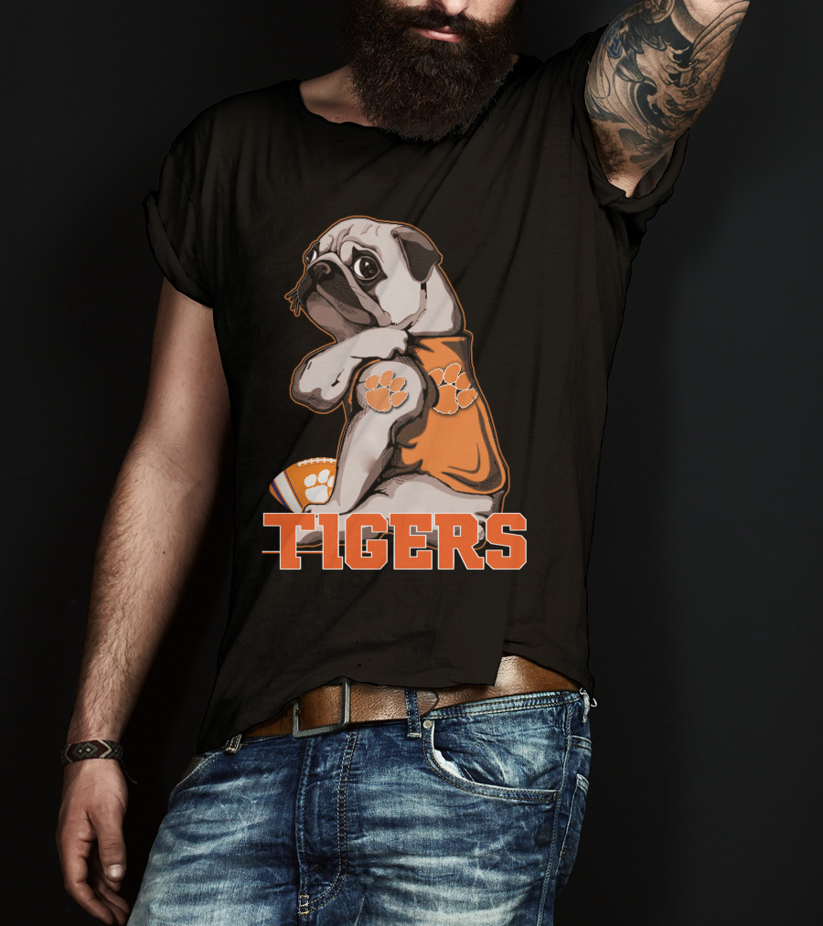 Pug Wearing Clemson Tigers Jersey With Paw Prints Football T-Shirt