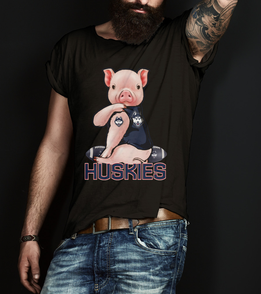 Pig Wearing Connecticut Huskies Logo Football Mascot T-Shirt