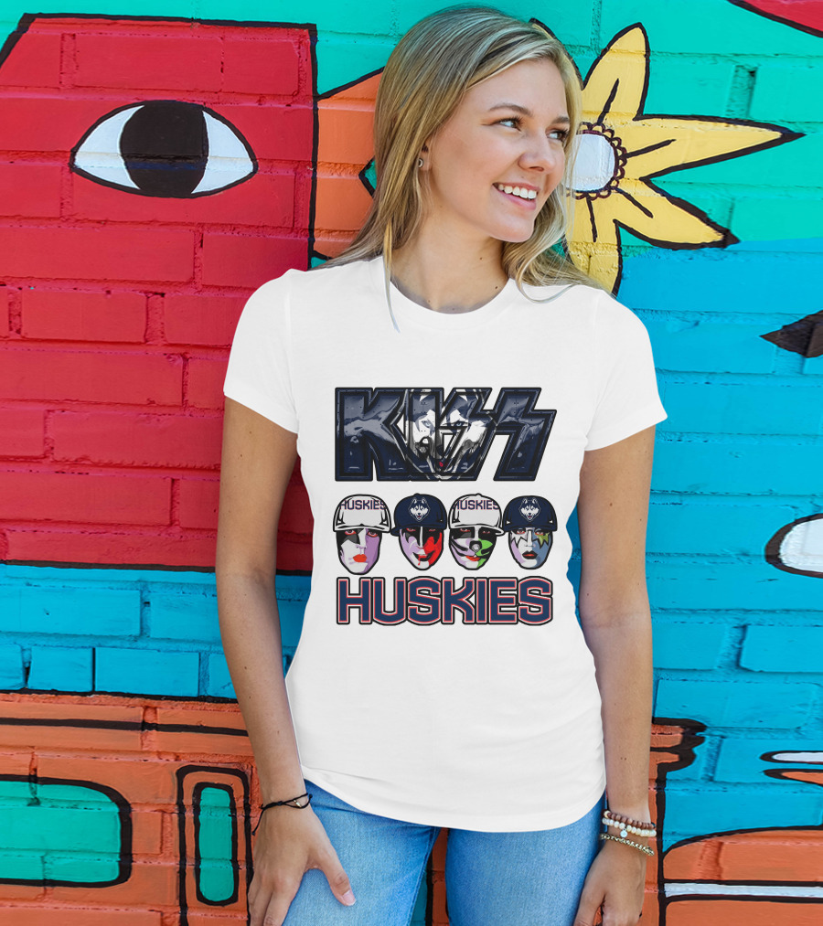 Kiss Band Style Logo With Connecticut Huskies Faces And Hats T-Shirt