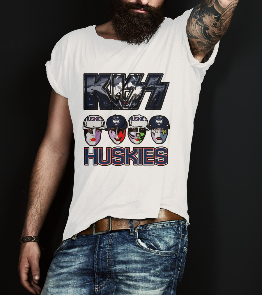 Kiss Band Style Logo With Connecticut Huskies Faces And Hats T-Shirt