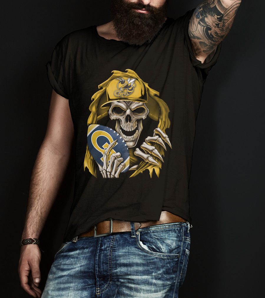 Skullbong Georgia Tech Yellow Jackets Grim Reaper Holding GT Football With Yellow Jacket Cap T-Shirt