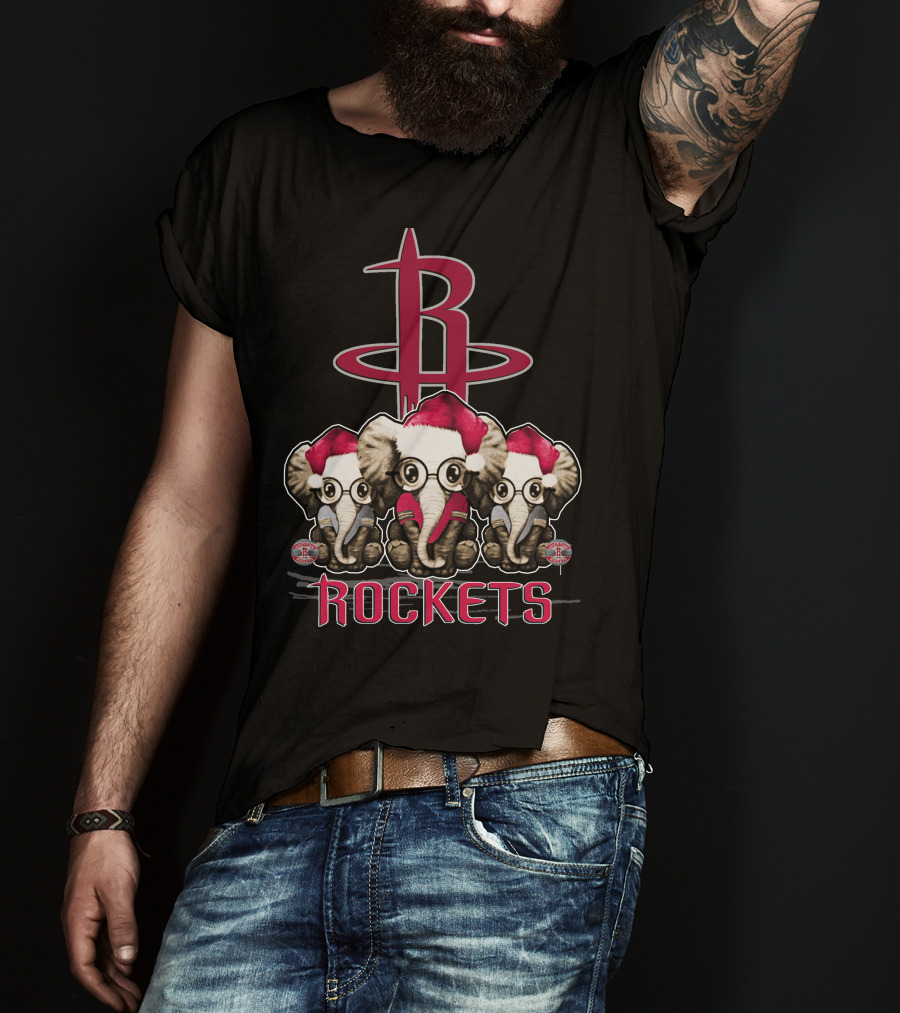 Houston Rockets Xmas Elephants With Santa Hats T-Shirt