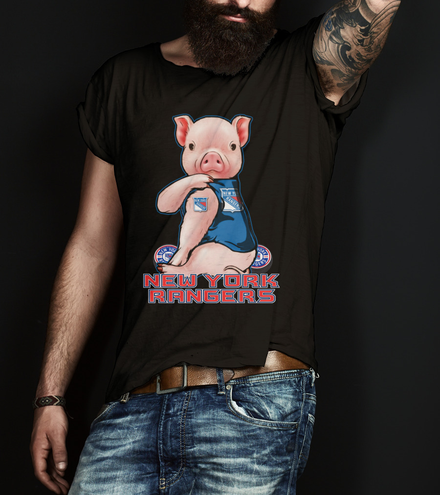 Pig Wearing New York Rangers Blue Logo T-Shirt