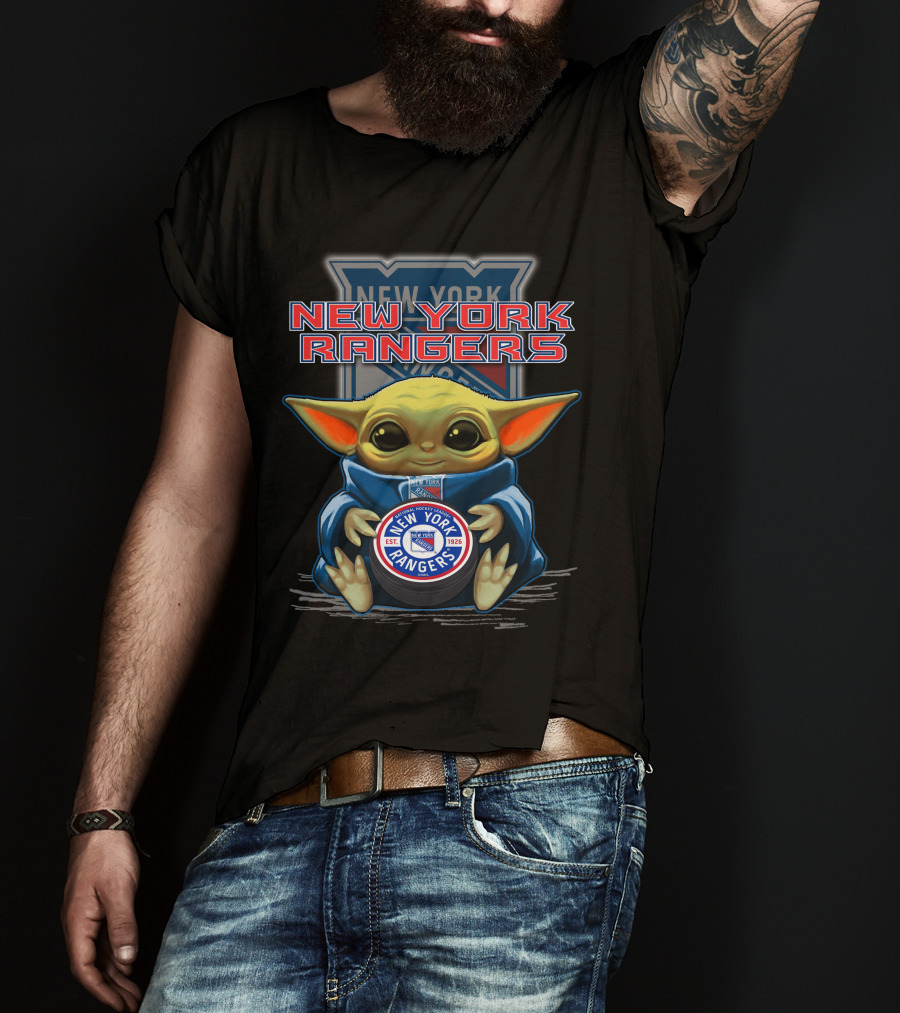New York Rangers Baby Yoda Holding Hockey Puck T-Shirt