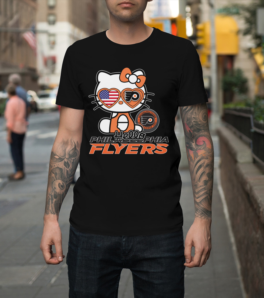 Hello Kitty Philadelphia Flyers American Flag Heart Glasses T-Shirt