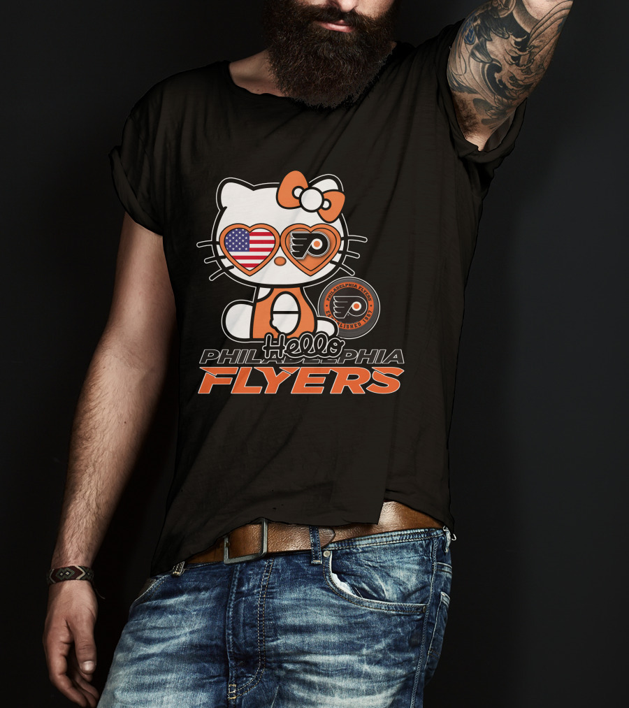 Hello Kitty Philadelphia Flyers American Flag Heart Glasses T-Shirt