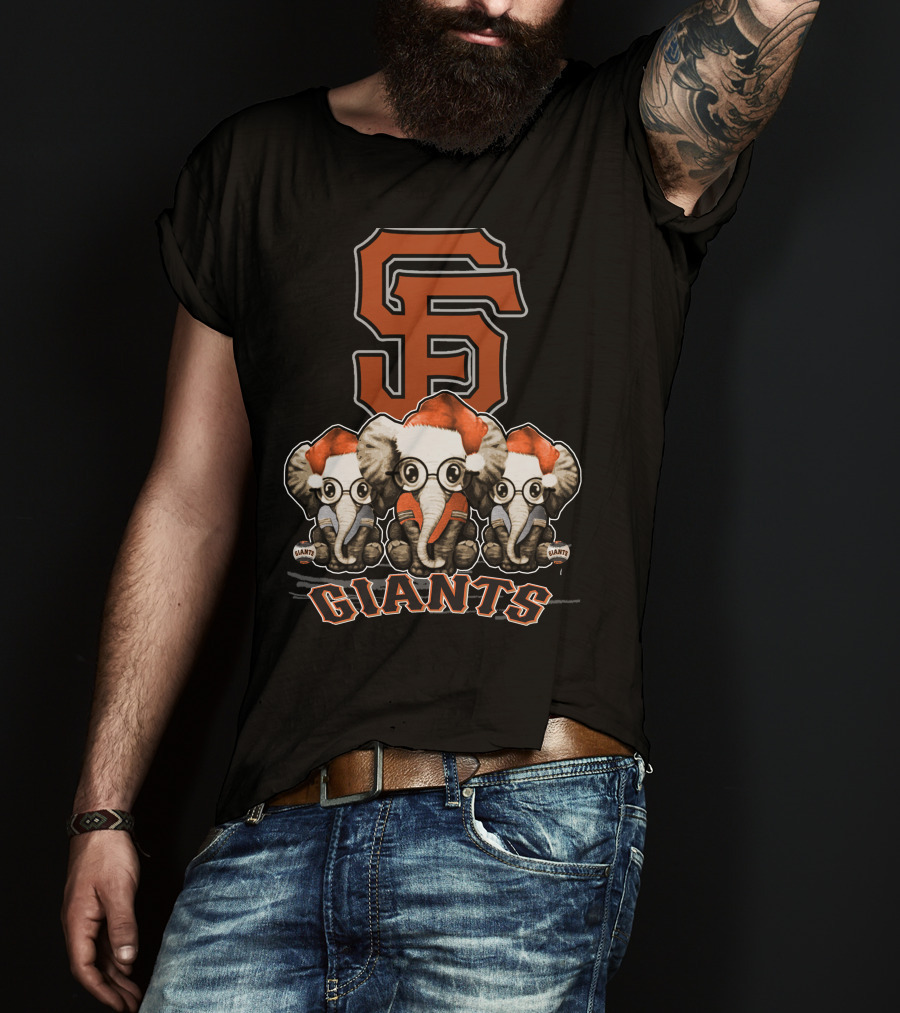 San Francisco Giants Christmas Elephants With Santa Hats T-Shirt