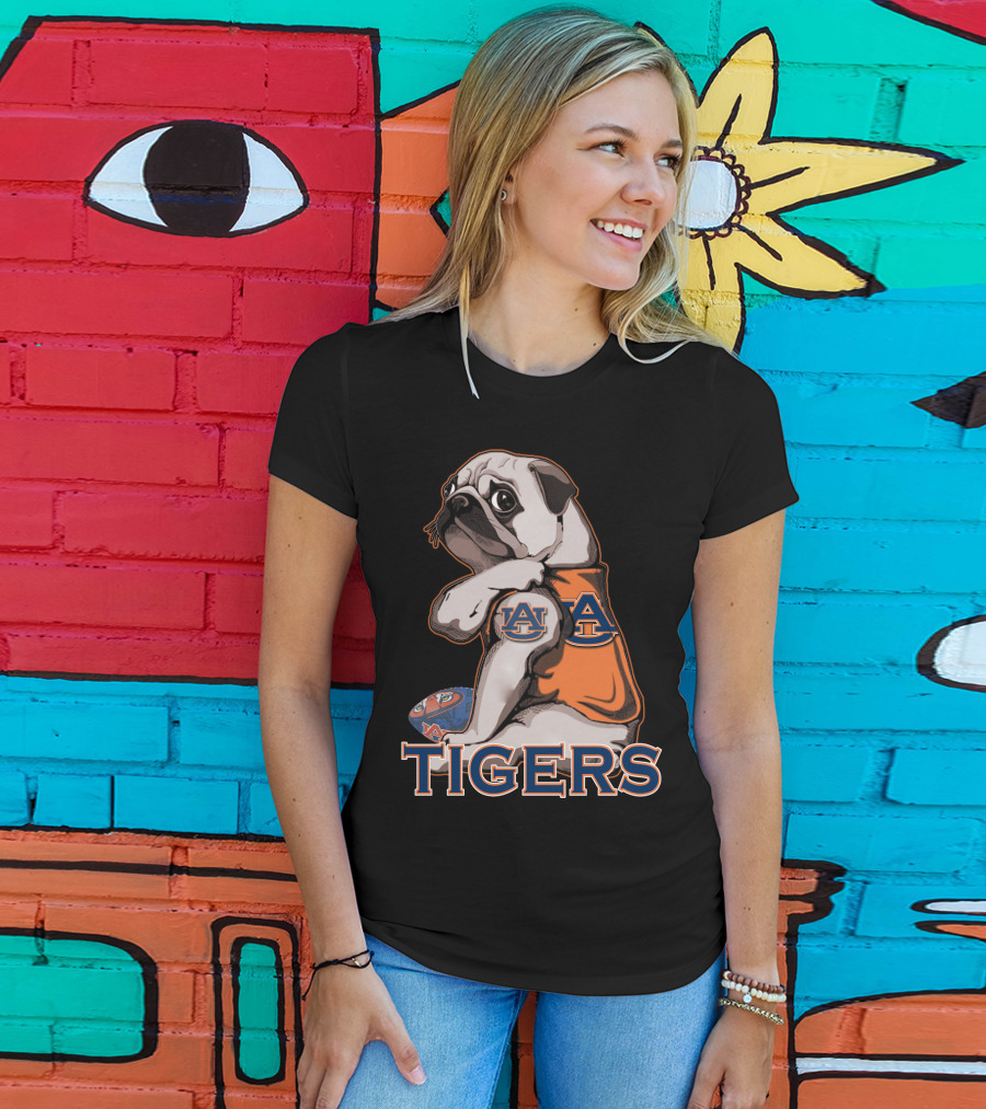 Pug Wearing Auburn Tigers Jersey With Football T-Shirt