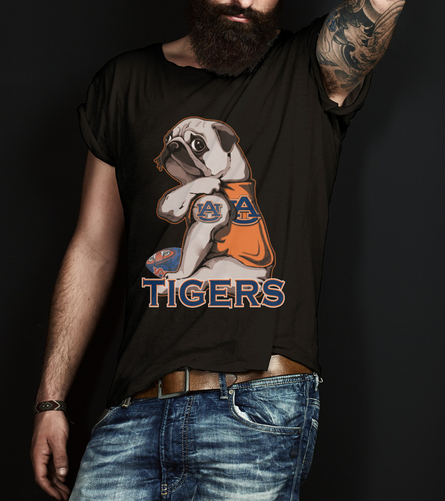 Pug Wearing Auburn Tigers Jersey With Football T-Shirt