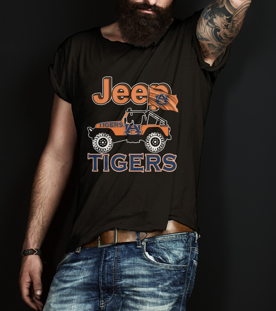 Jeep Auburn Tigers Logo With Orange Jeep And Flag T-Shirt