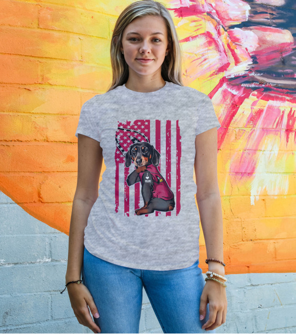 Arizona Cardinals Dachshund I Love Mom USA Flag T-Shirt