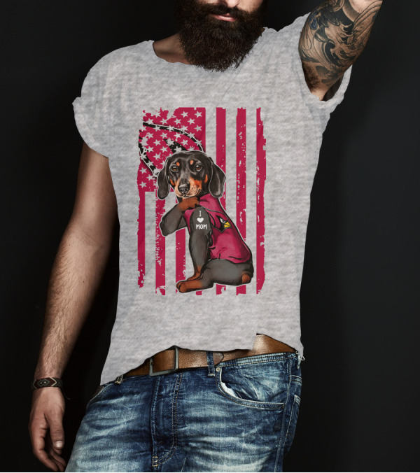 Arizona Cardinals Dachshund I Love Mom USA Flag T-Shirt