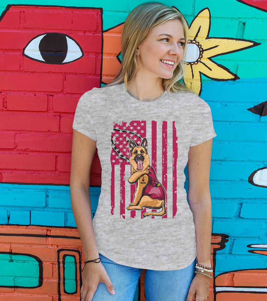 German Shepherd Wearing Arizona Cardinals Jersey With American Flag Background T-Shirt