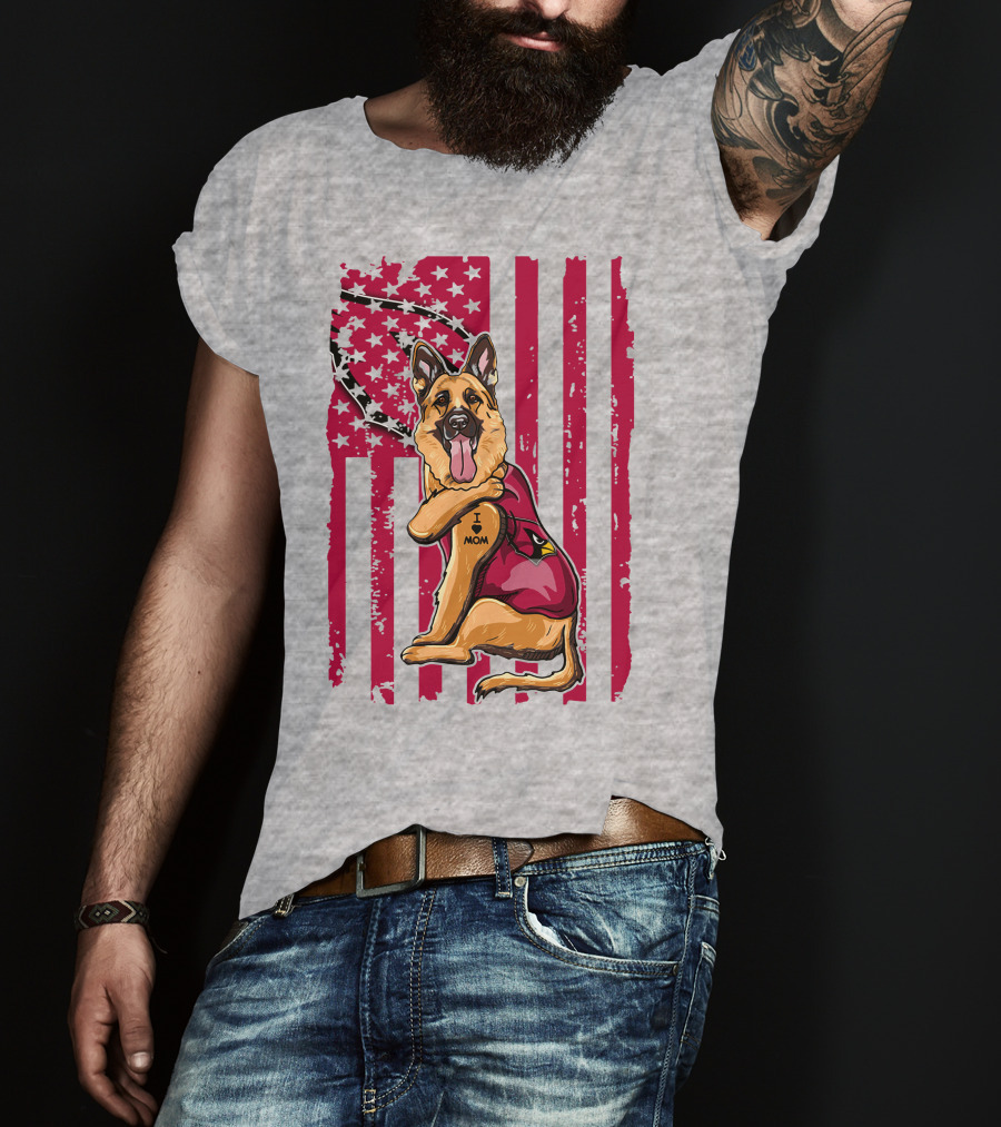 German Shepherd Wearing Arizona Cardinals Jersey With American Flag Background T-Shirt