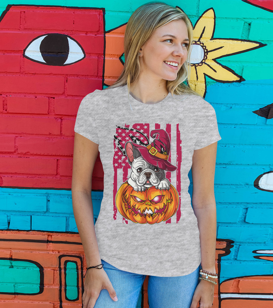 Hlw Bulldog Witch Hat Pumpkin Stars Stripes T-Shirt