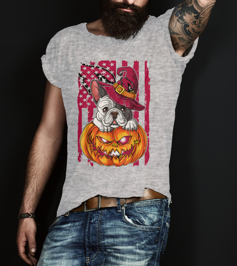 Hlw Bulldog Witch Hat Pumpkin Stars Stripes T-Shirt