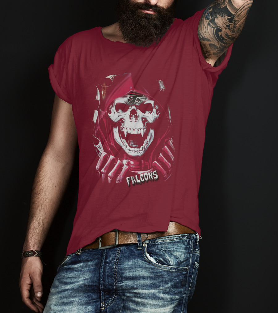 Atlanta Falcons Skull In Red Hood With Logo Elements T-Shirt